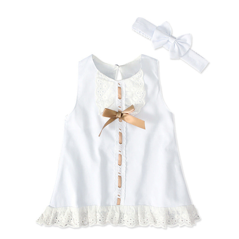 Front view of BEE KAA BOO baby girls' sleeveless layered white dress with a cute bow detail, perfect for birthdays and special events. Available at beekaaboo.com.