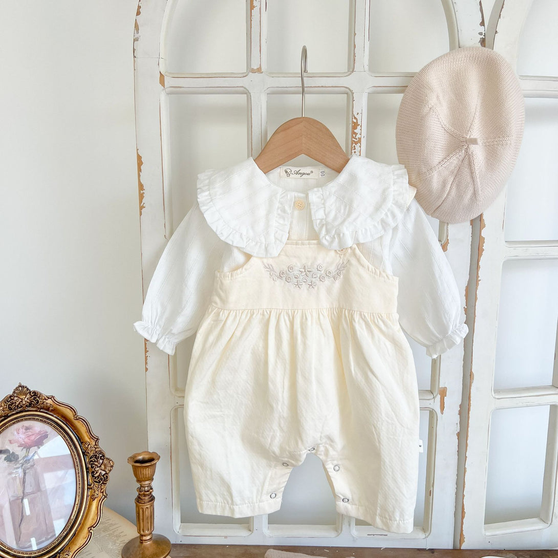 Full baby girl outfit with apricot suspender romper and white shirt hanging together – beekaaboo.com