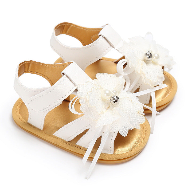 Baby girl white summer sandals with cute flower decorations – breathable PU leather – beekaaboo.com
