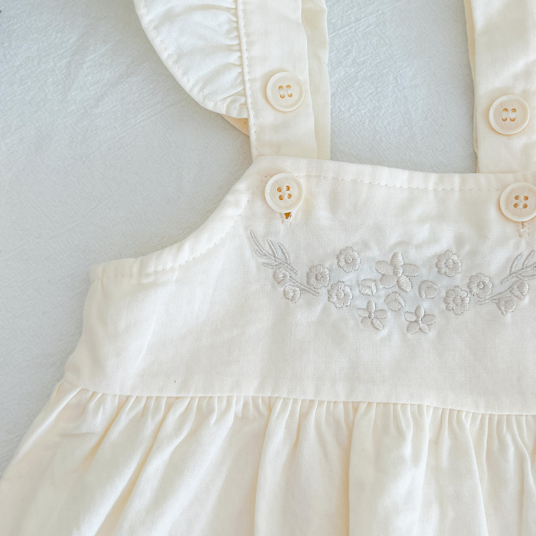 Close-up views of baby suspender romper showing fabric, buttons, and stitching details – premium quality cotton – beekaaboo.com