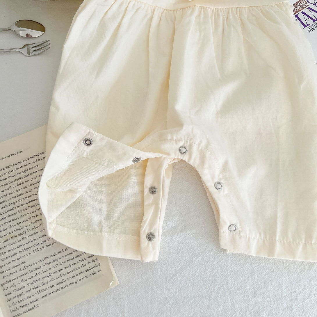 Close-up views of baby suspender romper showing fabric, buttons, and stitching details – premium quality cotton – beekaaboo.com