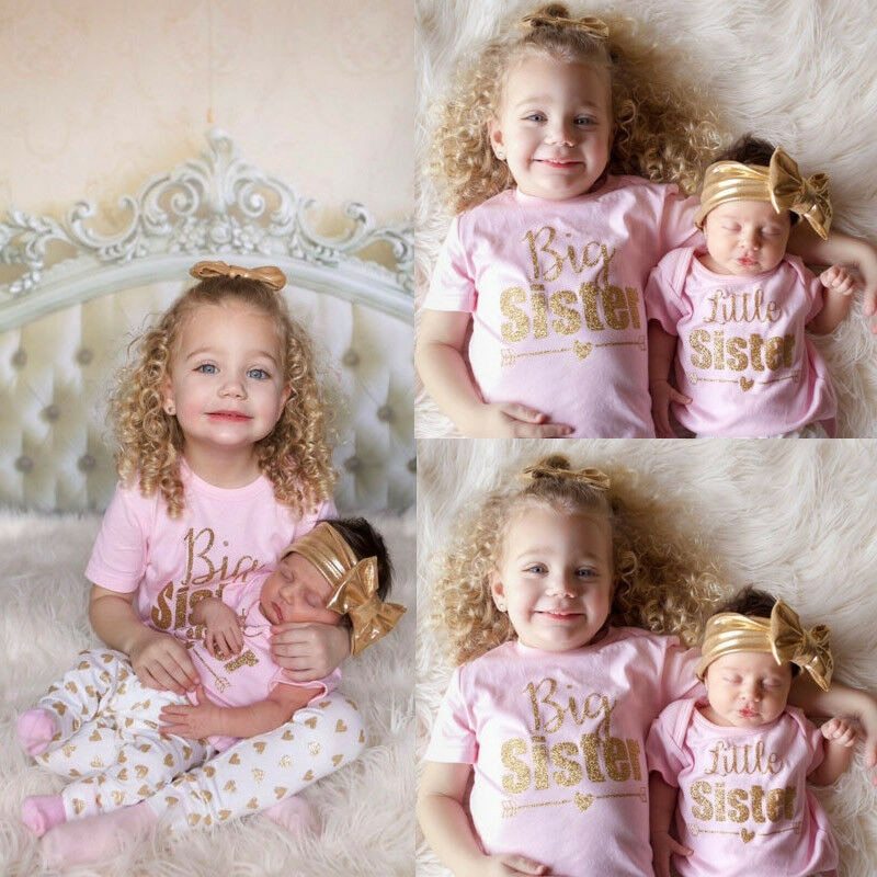 Full view of Big Sister and Little Sister matching outfit set – pink cotton T-shirt, romper, and golden heart pants – beekaaboo.com