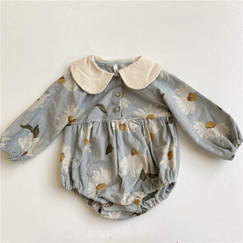 Stylish toddler romper with doll collar – blue corduroy design – beekaaboo.com