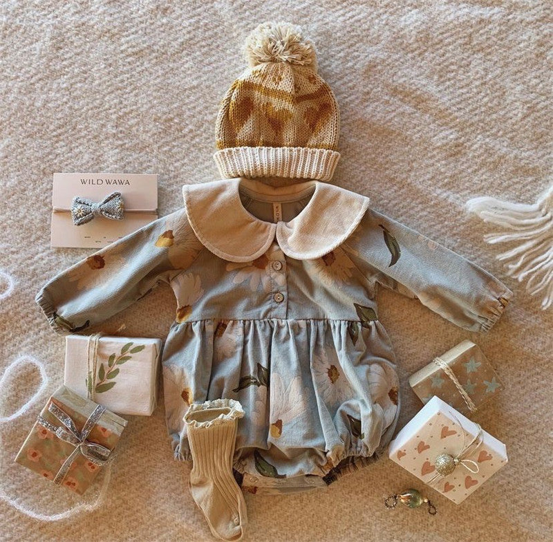 Front view of blue corduroy romper with doll collar – laid flat – beekaaboo.com