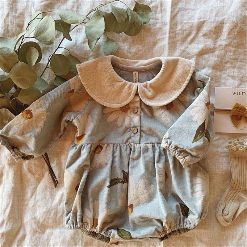 Girls’ blue corduroy romper in full front view – soft cotton outfit – beekaaboo.com