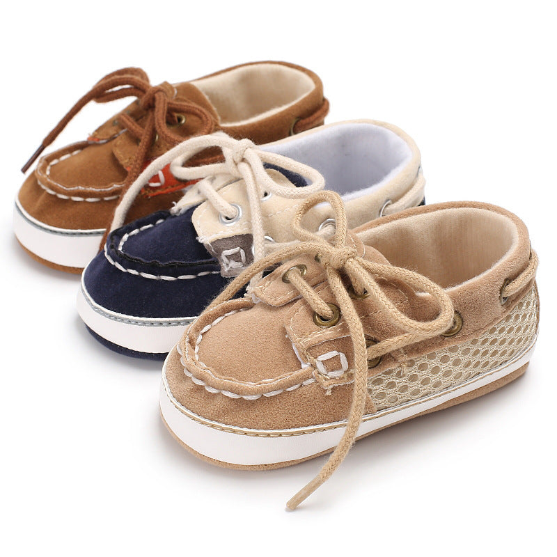 Top view of all color options—beige, brown, and blue—of breathable mesh soft bottom baby shoes for infants. Shop now at beekaaboo.com