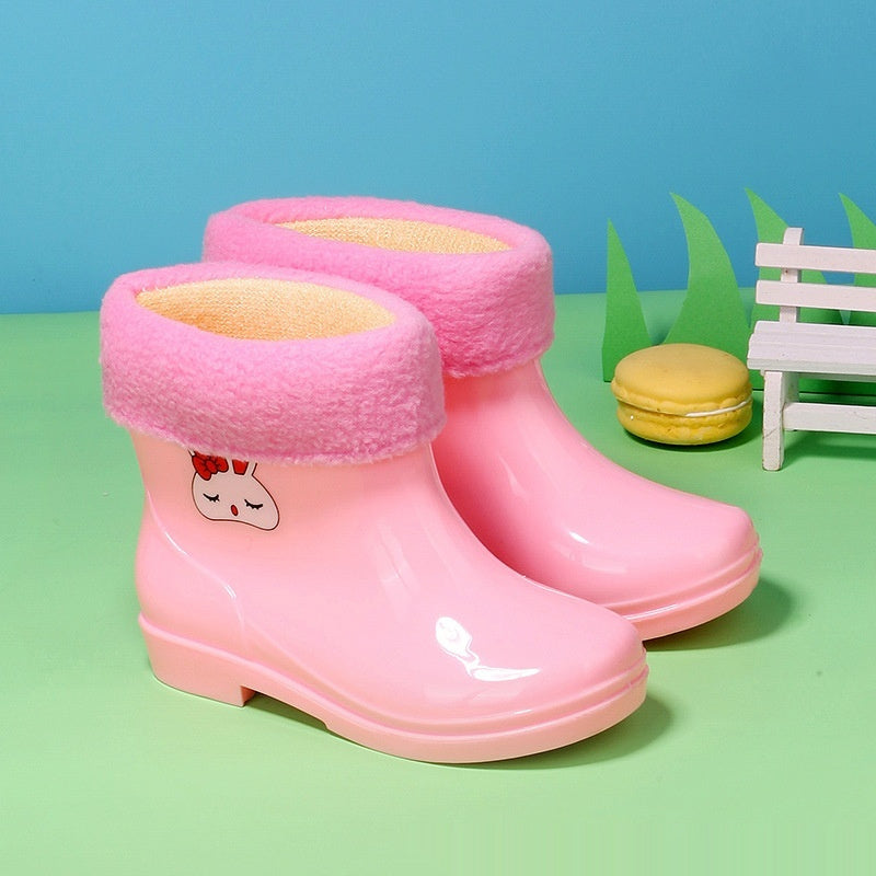 Adorable pink bunny rain boots with soft velvet lining, perfect for cozy splashes – beekaaboo.com