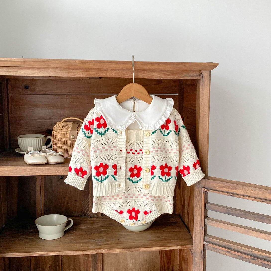 Matching floral cute knit baby cardigan and romper in red – mix and match outfit option – beekaaboo.com

