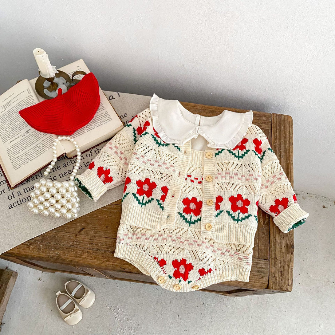 Matching floral knit baby cardigan and romper in red – mix and match outfit option – beekaaboo.com