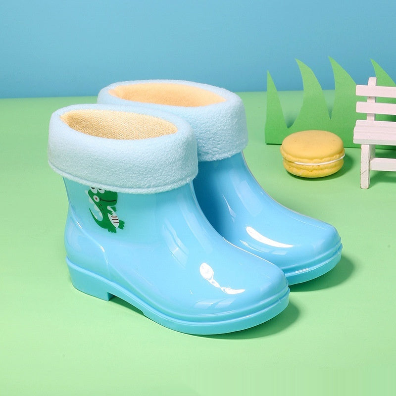 Fun blue dinosaur rain boots with plush velvet lining for cold rainy days – beekaaboo.com