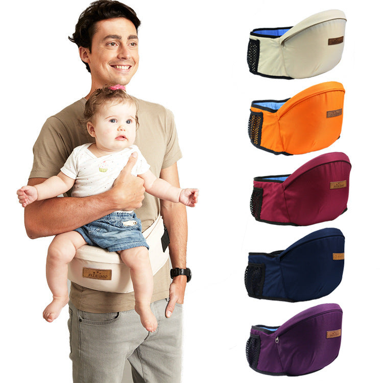 Parent holding baby while using ergonomic baby waist carrier, displaying all 7 color variations side by side – beekaaboo.com