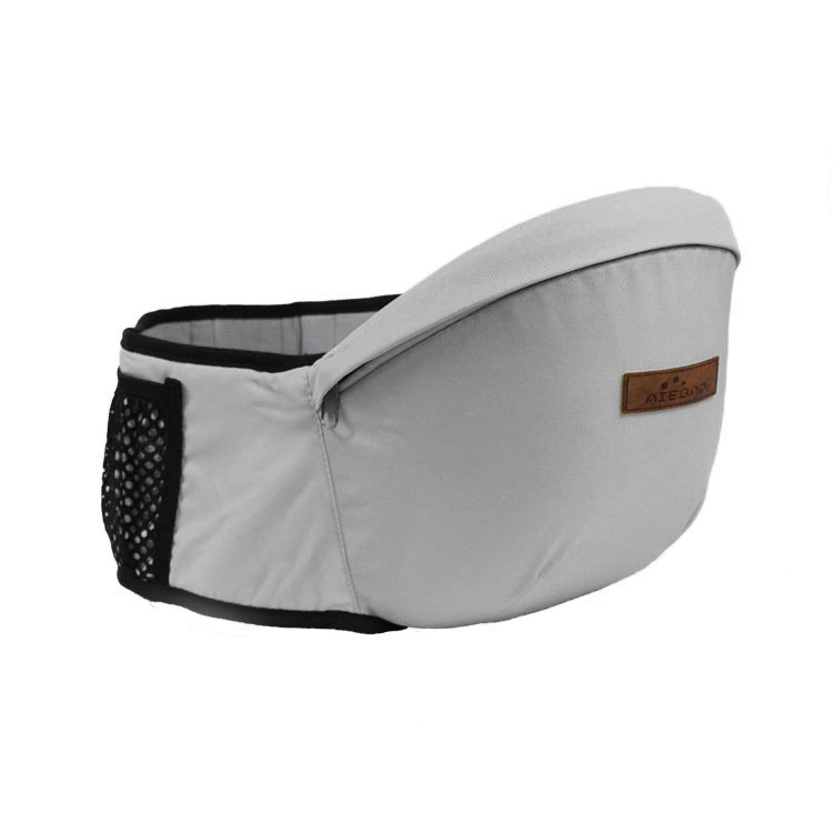 Grey baby waist carrier with durable support, mesh details, and large side pocket – beekaaboo.com