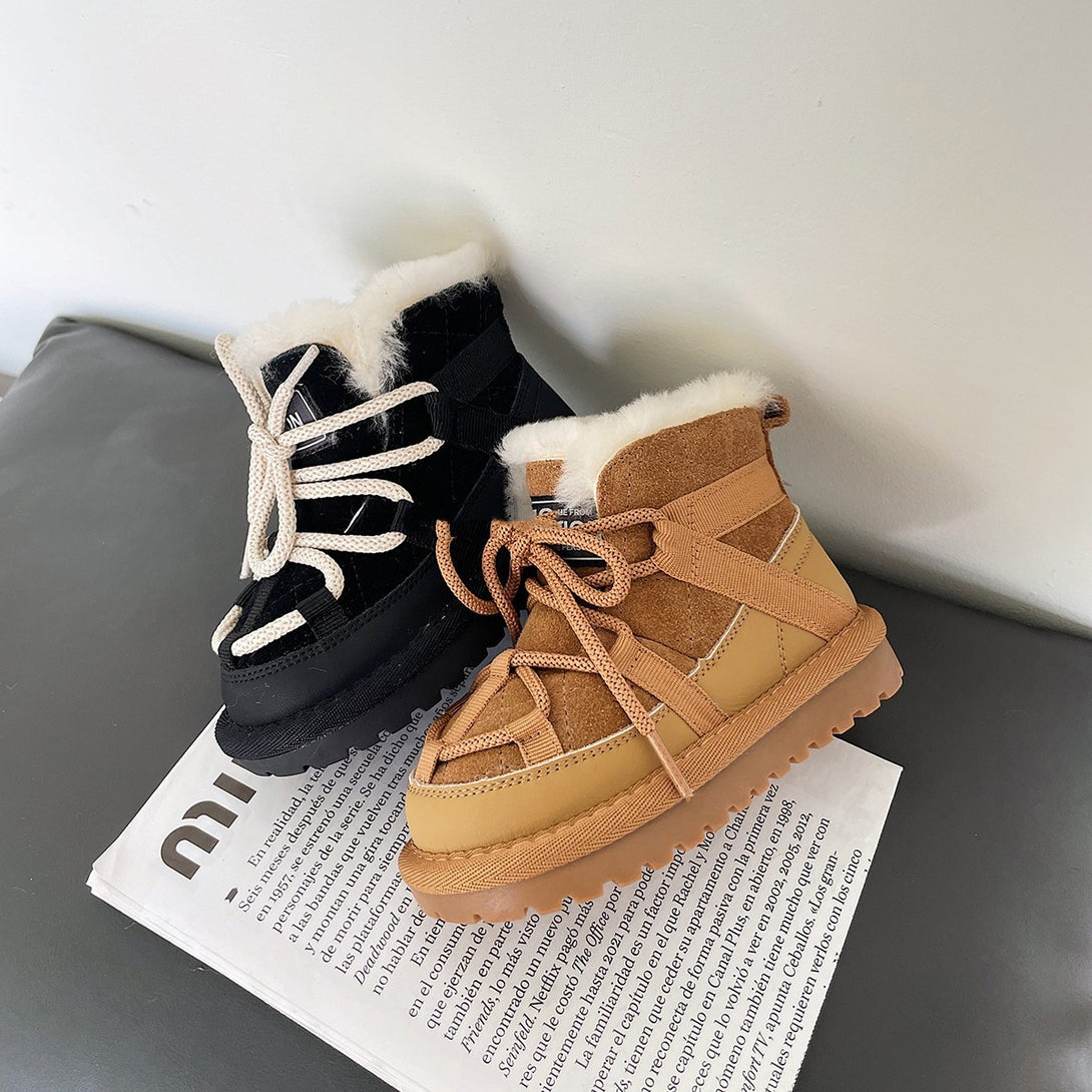 Black and camel fleece-lined toddler boots – warm winter shoes for kids at beekaaboo.com