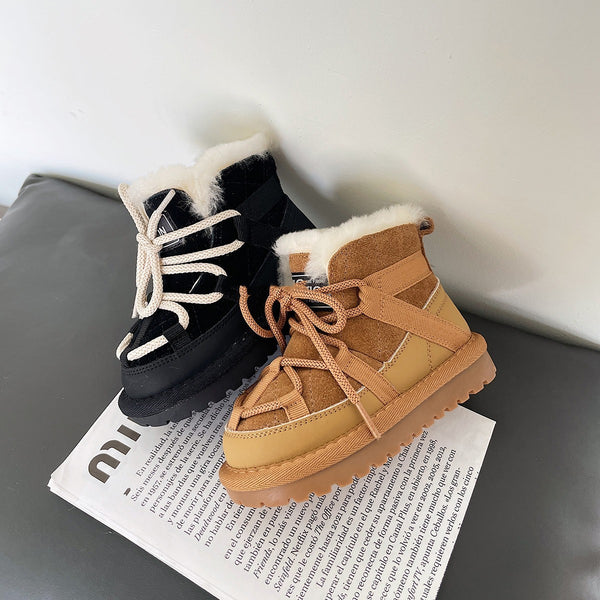 Black and camel fleece-lined toddler boots – warm winter shoes for kids at beekaaboo.com