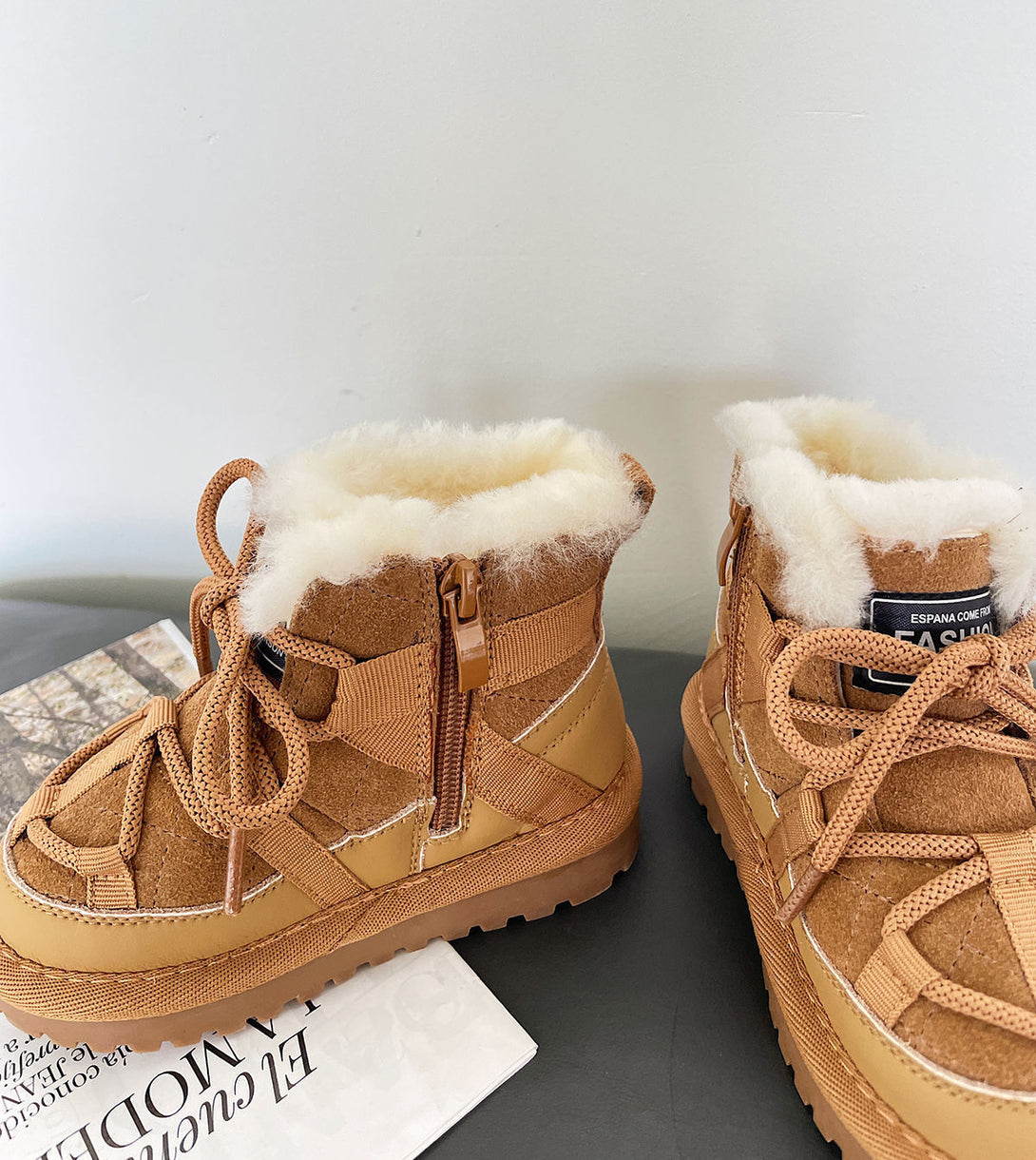 Front view of camel fleece-lined toddler boots – soft warm footwear for kids at beekaaboo.com