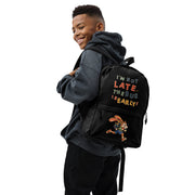Black graphic backpack with funny running rabbit and school bus quote carried by a child - beekaaboo.com