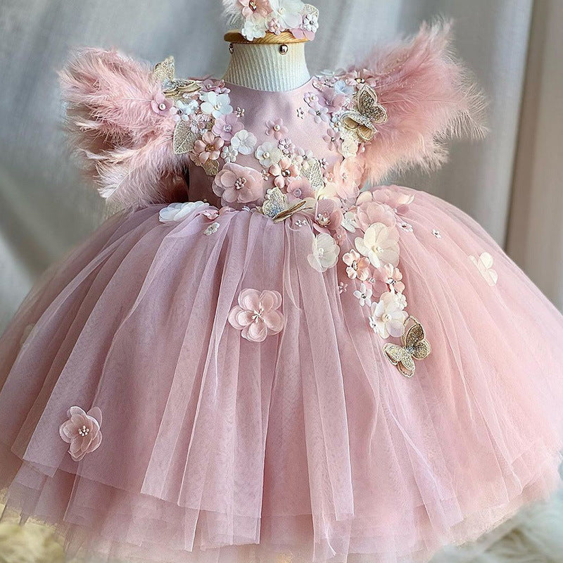 Front view of pink flower girl princess dress with floral appliqué and puffy tulle skirt – beekaaboo.com