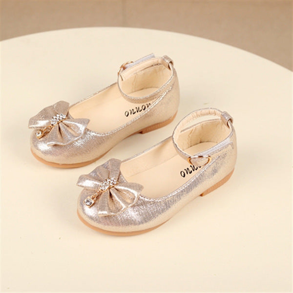 Elegant gold glitter ballerina flats for girls with sparkling bow detail – beekaaboo.com