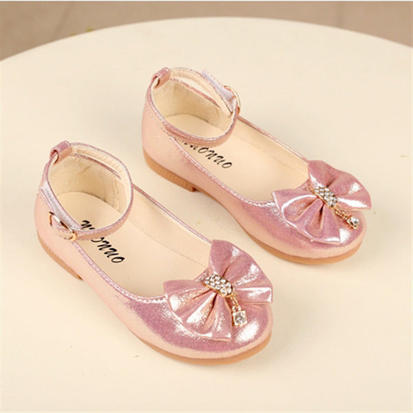 Charming pink glitter flats for girls with bow and gemstone detail – beekaaboo.com