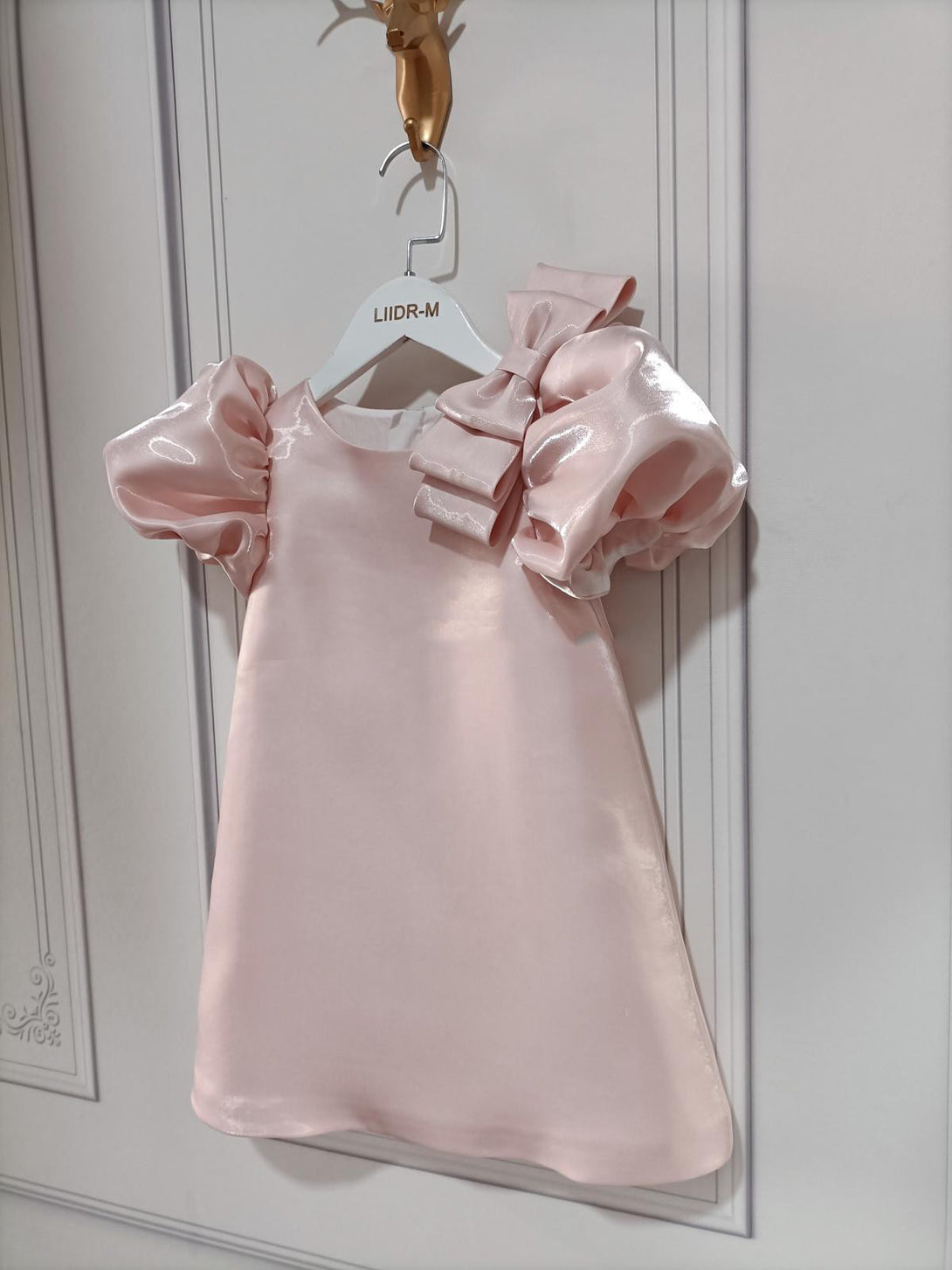 Pink girls party dress hanging neatly to show elegant bubble sleeves and fabric – beekaaboo.com