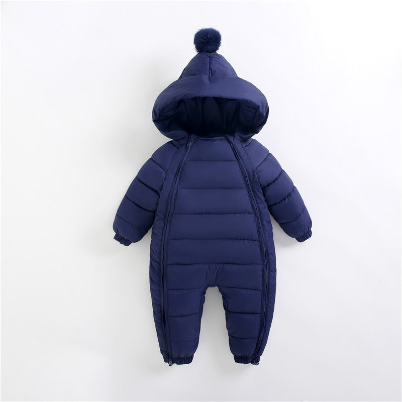 Navy Blue baby romper with hood and soft cotton lining – perfect for cozy and cheerful everyday wear – beekaaboo.com