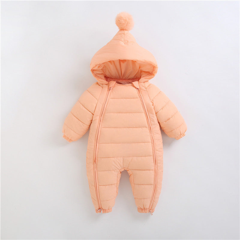 Orange baby romper with hood and soft cotton lining – perfect for cozy and cheerful everyday wear – beekaaboo.com
