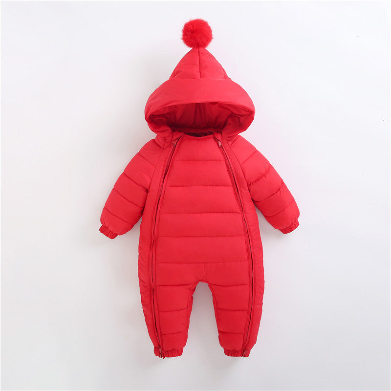 Red hooded baby romper with soft cotton fabric, double zipper, and cozy fit – stylish and warm clothing for infants – beekaaboo.com