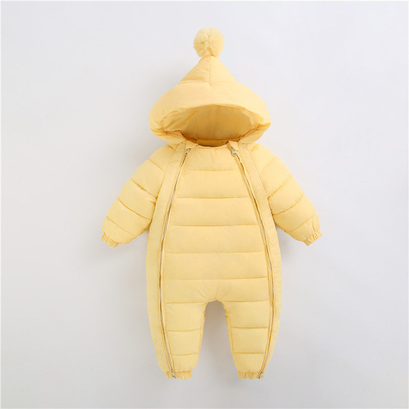 Yellow baby romper with hood and soft cotton lining – perfect for cozy and cheerful everyday wear – beekaaboo.com