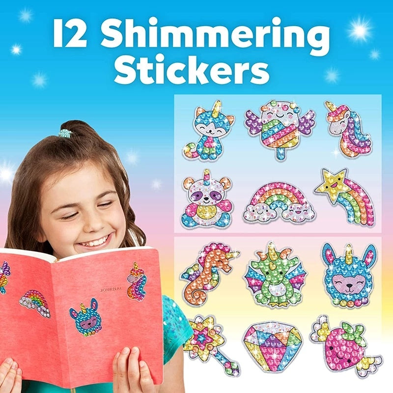 Child holding DIY diamond painting stickers featuring unicorns and rainbows – sparkling kids craft kit – beekaaboo.com