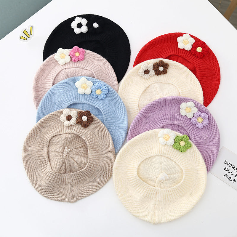 Display of all 8 color options of baby girl knitted berets – floral and cozy – beekaaboo.com