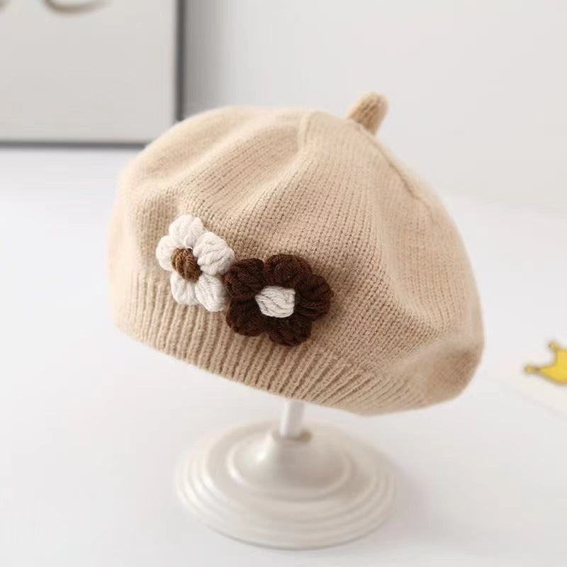 Khaki knitted baby beret with delicate double flower design – beekaaboo.com