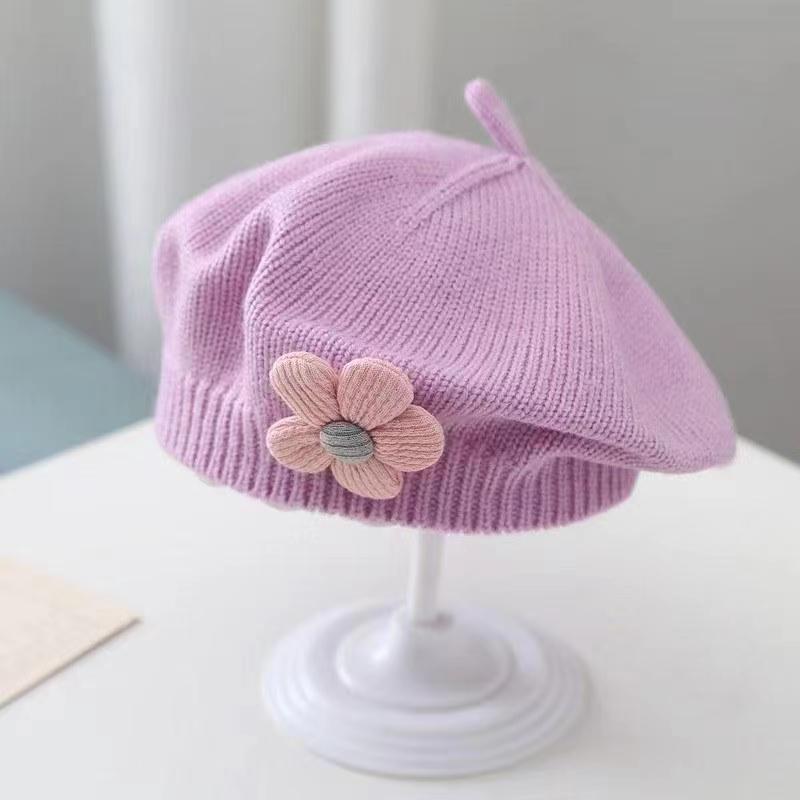 Purple beret for infants with subtle flower design – warm winter accessory – beekaaboo.com