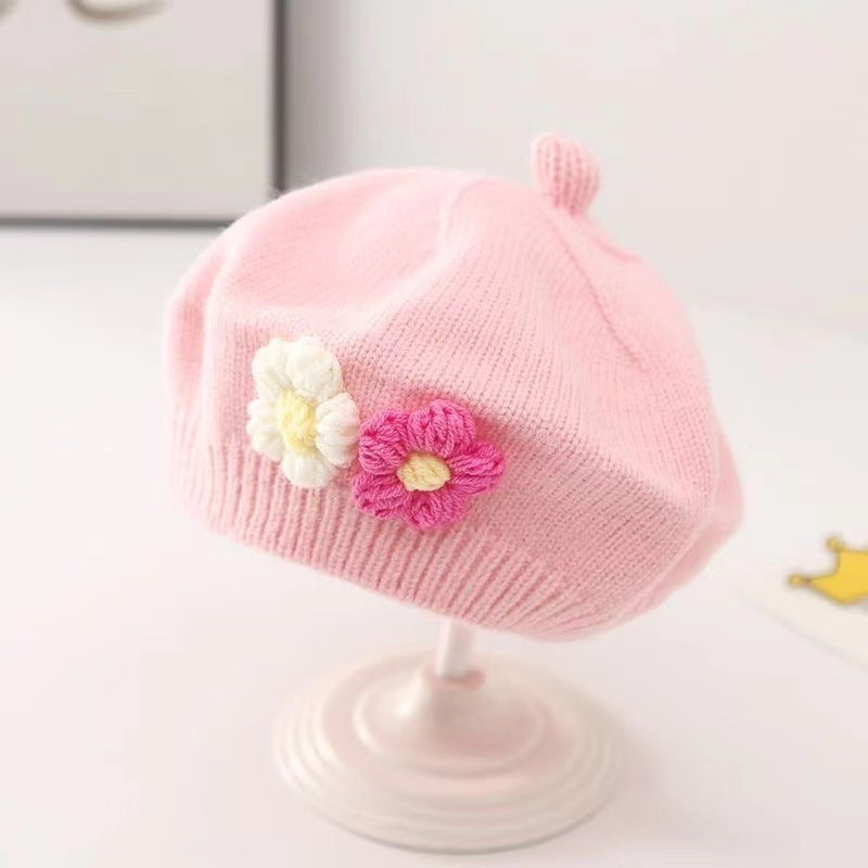 Pink baby beret with floral design – warm and cute hat for toddlers – beekaaboo.com
