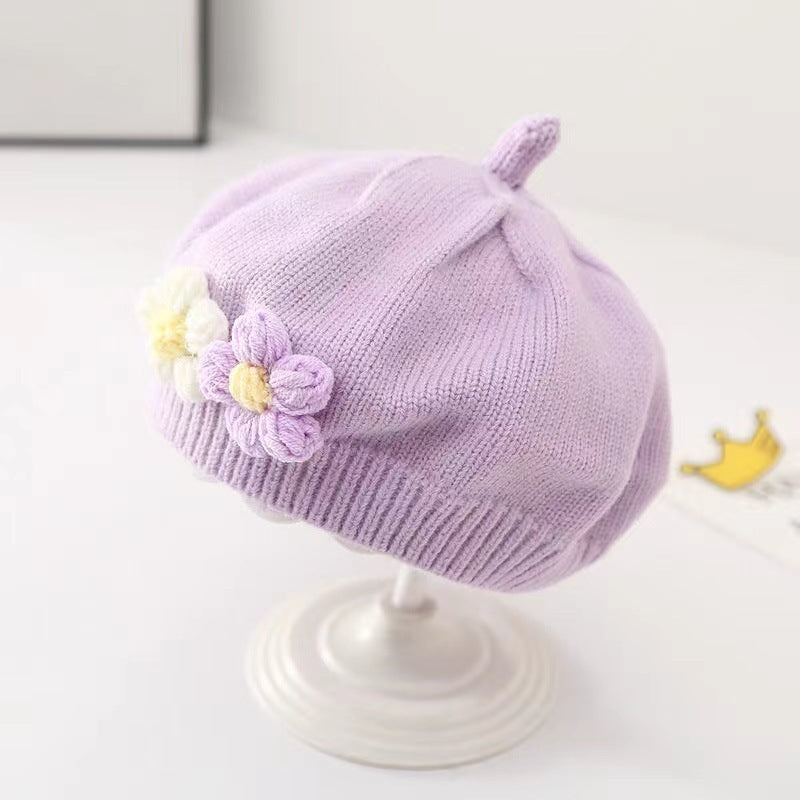 Purple knitted beret for baby girls – sweet floral detail and dome crown – beekaaboo.com