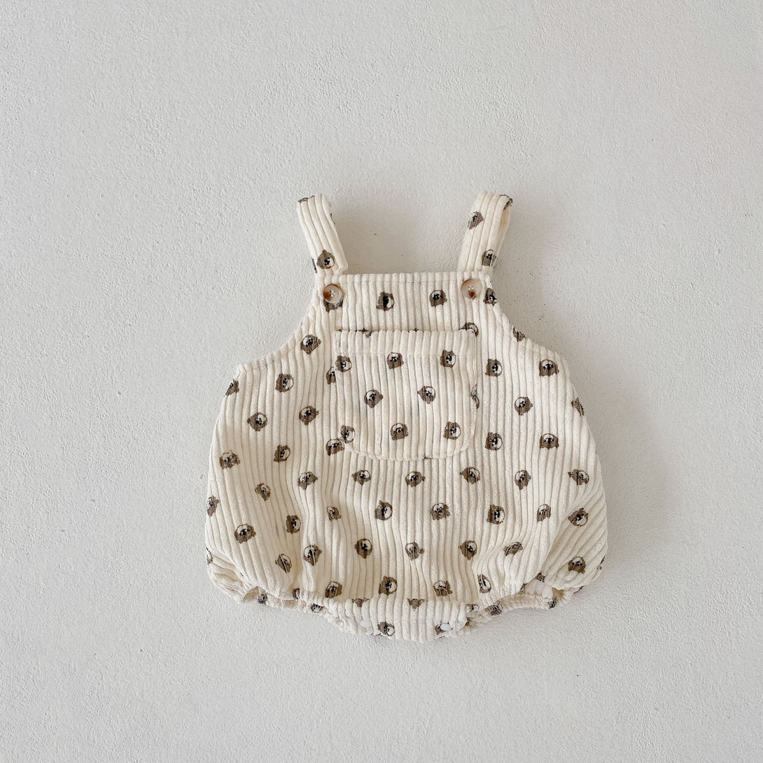 Flat lay display of Little Bear printed romper showing front and details – beekaaboo.com