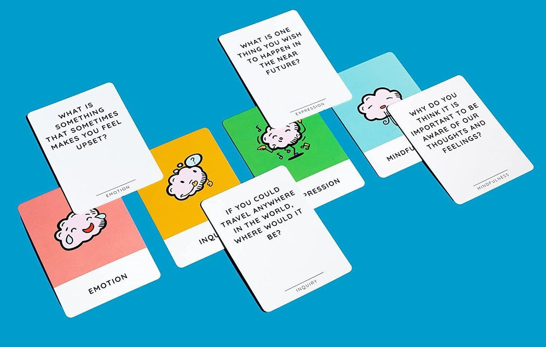 Set of colorful Mindful Talk cards spread out on a blue background showing different prompts for kids – beekaaboo.com