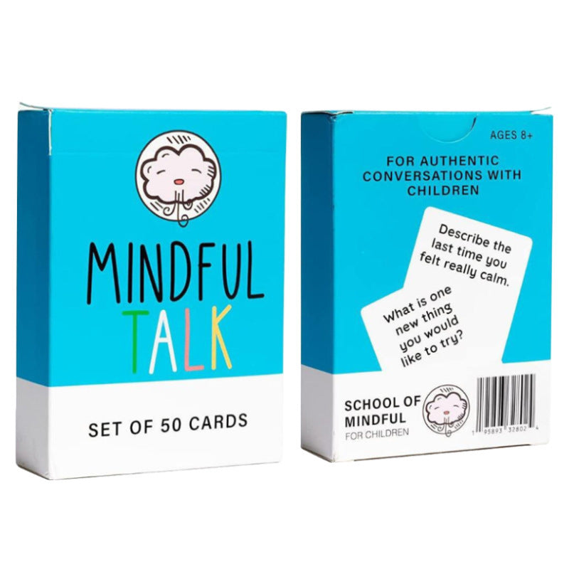 Front and back view of Mindful Talk card game packaging, designed for authentic conversations with children – beekaaboo.com