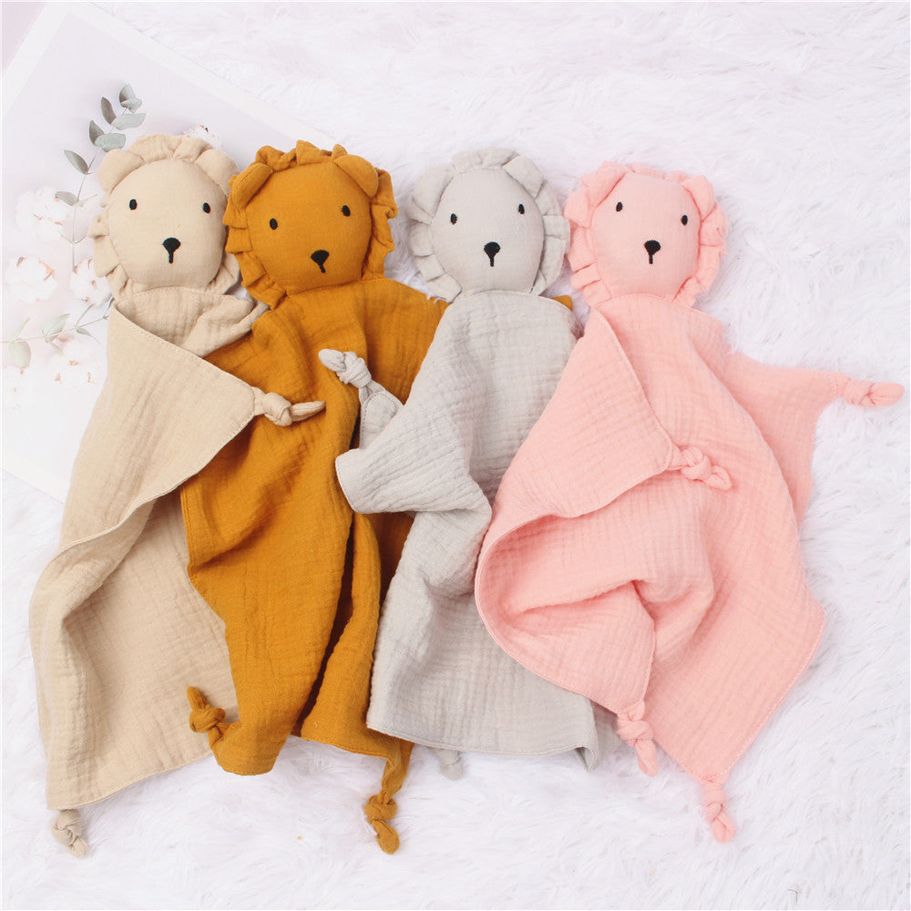Display of all 6 color variations of muslin lion baby comfort towel – soft gauze fabric, adorable design – beekaaboo.com