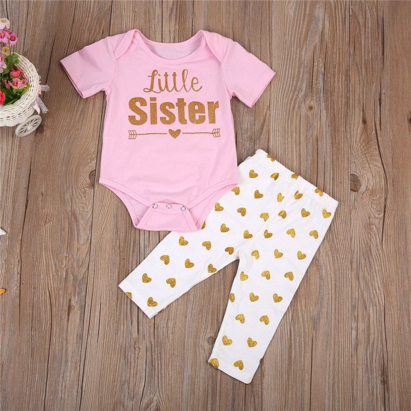 Infant Little Sister outfit featuring pink cotton romper and matching golden heart pants – beekaaboo.com