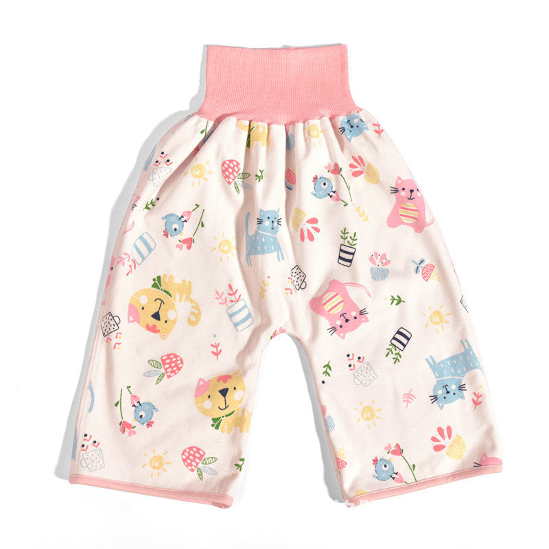 Front view of high-waist pink cat baby diaper pants – soft and waterproof– beekaaboo.com