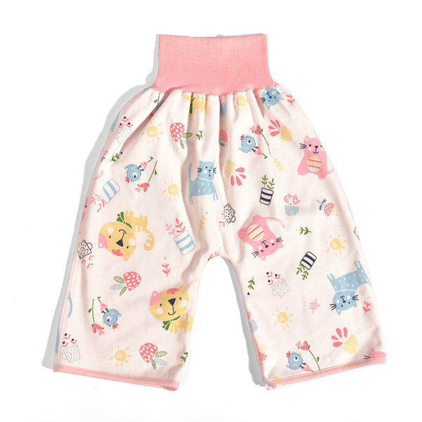 Front view of high-waist pink cat baby diaper pants – soft and waterproof– beekaaboo.com