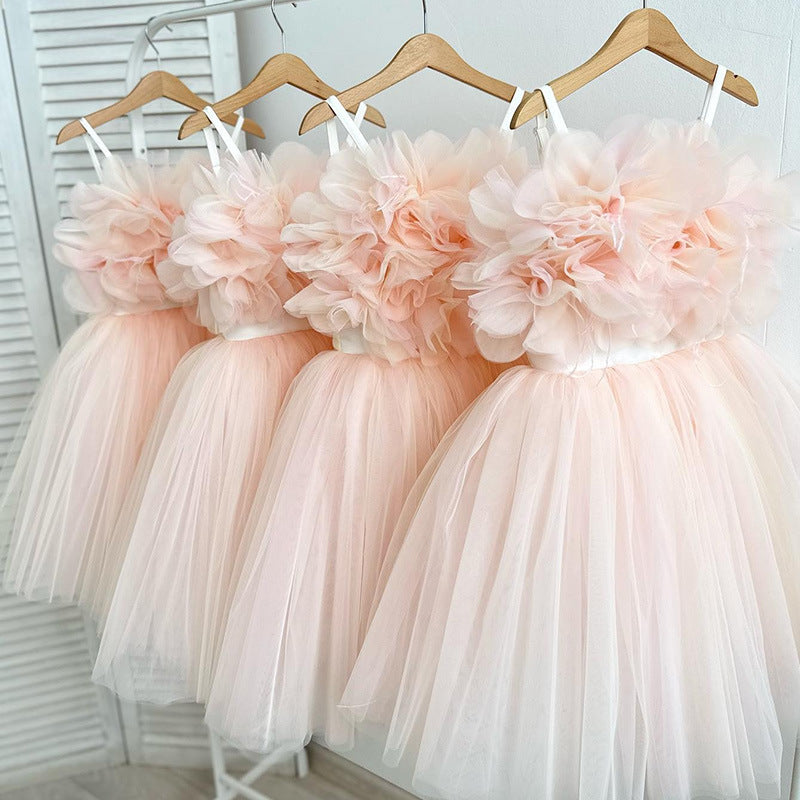 Pink puffy princess dresses with oversized floral detailing on chest – beekaaboo.com