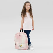 Pink and white striped BEE KAA BOO backpack carried by a child - beekaaboo.com