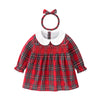 Baby girls red plaid dress with white collar and matching headband – beekaaboo.com