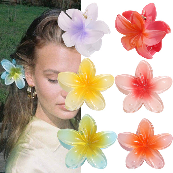 Display of all 6 Plumeria flower hair clip colors – perfect for everyday styles – beekaaboo.com