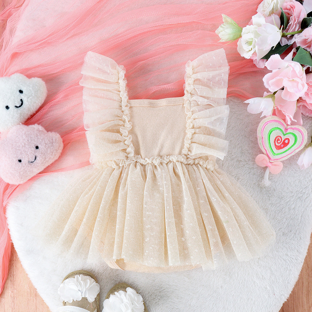 Back of sleeveless cotton baby jumpsuit with layered mesh skirt – adorable and practical – beekaaboo.com