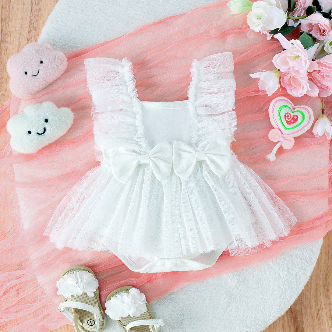 Soft white baby jumpsuit with princess-style net skirt – breathable summer style – beekaaboo.com