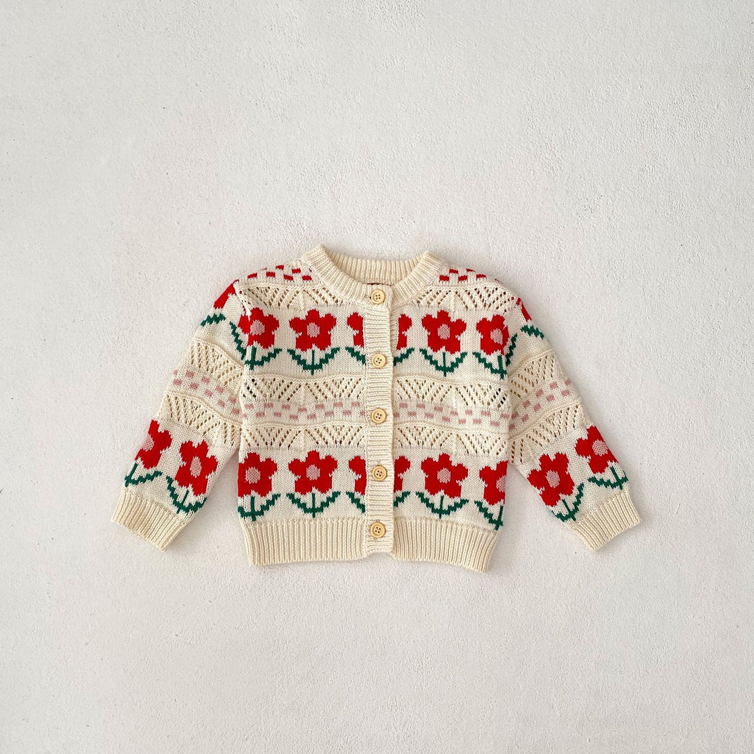 Red floral knit baby cardigan with wooden-style buttons – cozy and stylish – beekaaboo.com