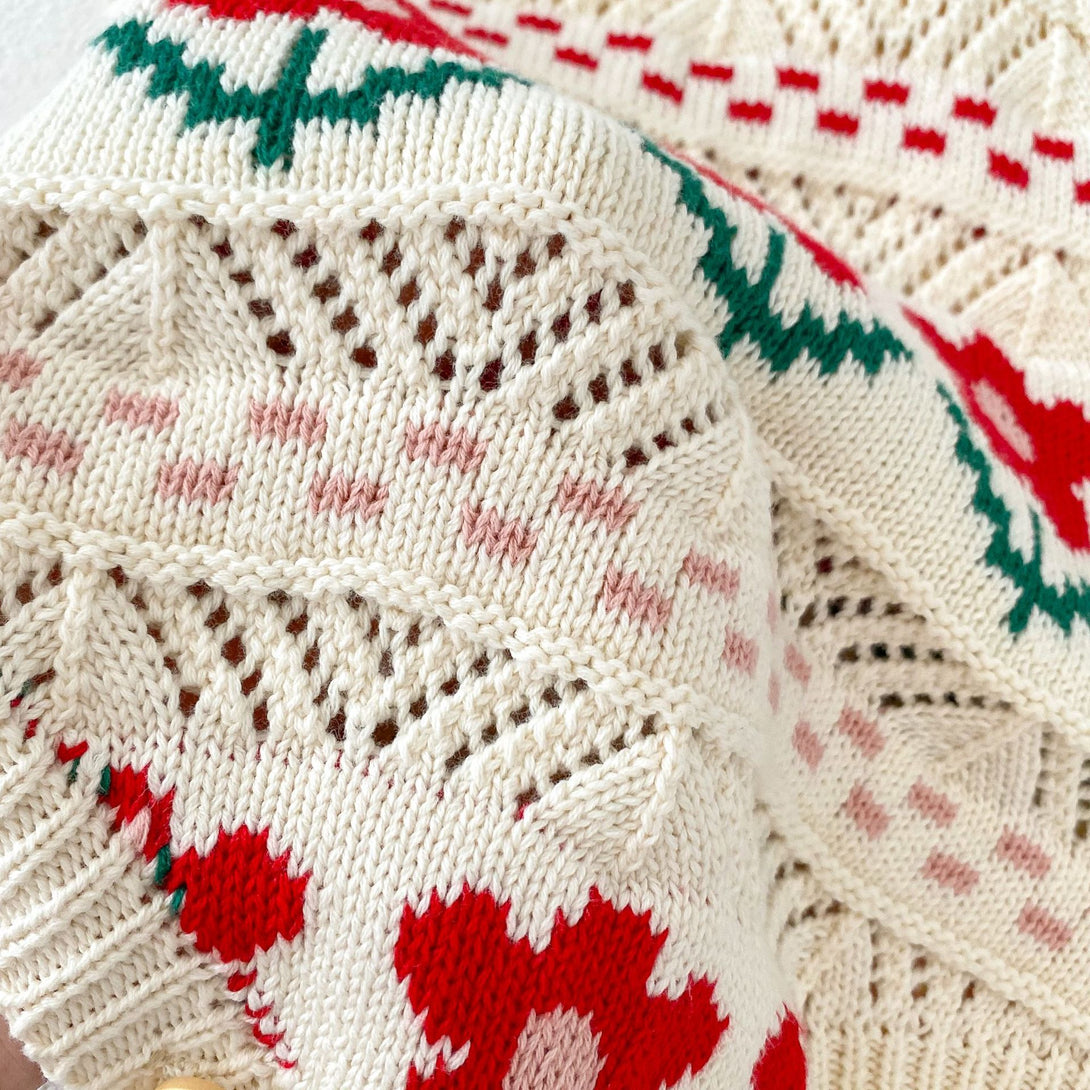 Close-up of soft red floral knit fabric – breathable 100% cotton material for baby comfort – beekaaboo.com

