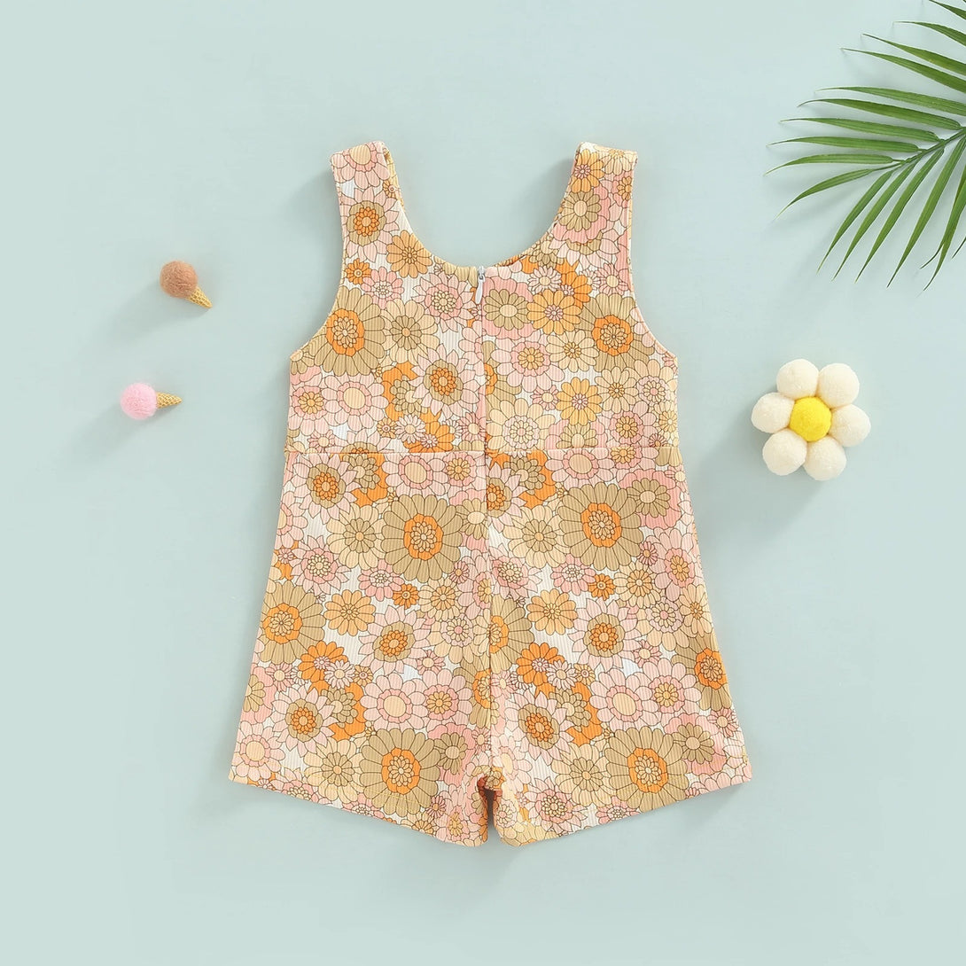 Flat lay of Orange ribbed baby romper with floral detail and zipper – soft and breathable back view – beekaaboo.com